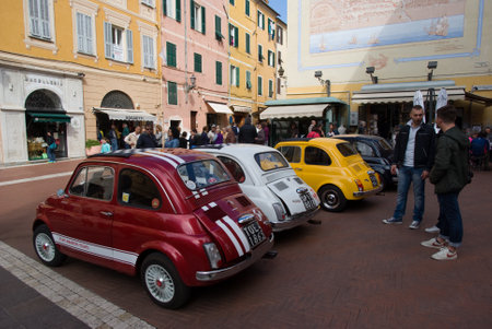 Imperia, Italy - April 24, 2016: Vintage cars parked in a street in Imperia during the FIAT 500 Classic car meetingのeditorial素材