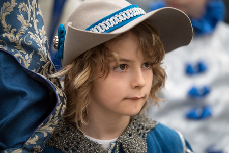 Taggia, Italy - February 26, 2017: Close-up of participant the medieval costume party in the historic city of Taggia in Liguria region of Italy. The actors acting out episodes of daily life in settings that evoke moments of life lived fully the seventeentのeditorial素材