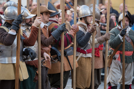 Taggia, Italy - February 26, 2017: Participants of medieval costume party in the historic city of Taggia in Liguria region of Italy. The actors acting out episodes of daily life in settings that evoke moments of life lived fully the seventeenth century. Tのeditorial素材