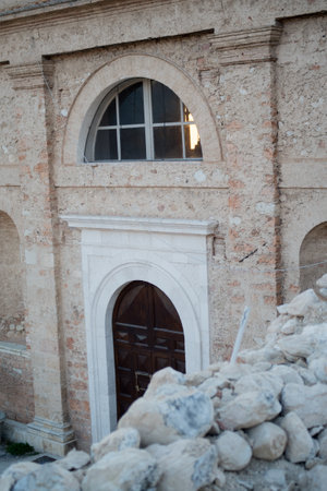 Norcia, Italy - March 15, 2017: Church and buildings destroyed in Norcia after the violent earthquake of October 30, 2016 magnitude 6.5 with its epicenter just 4 km to the north of the countryのeditorial素材