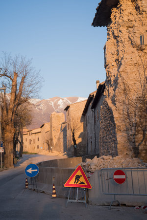 Norcia, Italy - March 15, 2017: Houses destroyed in Norcia after the violent earthquake of October 30, 2016 magnitude 6.5 with its epicenter just 4 km to the north of the countryのeditorial素材