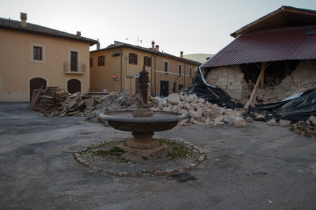 Norcia, Italy - March 15, 2017: Houses destroyed in Norcia after the violent earthquake of October 30, 2016 magnitude 6.5 with its epicenter just 4 km to the north of the countryのeditorial素材