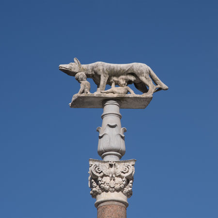 She-wolf with Romulus and Remus in front of the Duomo of Siena, Tuscany, Italyのeditorial素材