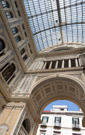 Naples, Italy - March 28, 2017: The Galleria Umberto I is a public shopping gallery in Naples was built between 1887-1891. High and spacious cross-shaped structure, topped by a glass dome held by 16 metal ribsのeditorial素材