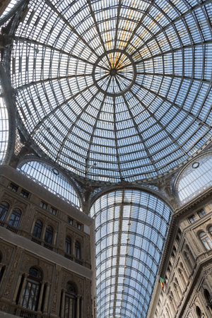 Naples, Italy - March 28, 2017: The Galleria Umberto I is a public shopping gallery in Naples was built between 1887-1891. High and spacious cross-shaped structure, topped by a glass dome held by 16 metal ribsのeditorial素材