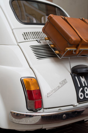 Imperia, Italy - April 23, 2017: Close up detail of FIAT 500 parked in a street in Imperia during raid of vintage carsのeditorial素材