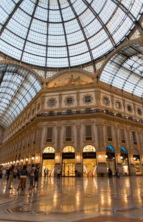 Milan, Italy - May 15, 2017: View of inside the Vittorio Emanuele II Gallery in the evening. Lombardy region, Italy, Europeのeditorial素材
