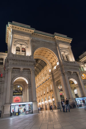 Milan, Italy - May 15, 2017: Low angle view of Vittorio Emanuele gallery - is an historic shopping arcade situated in the center of Milan. View from the squareのeditorial素材