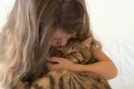 Child playing with cat on bedの写真素材