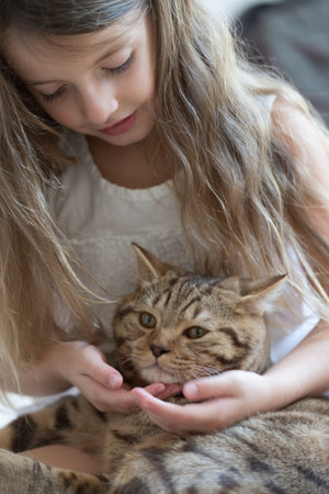 Pretty little girl holding her catの写真素材