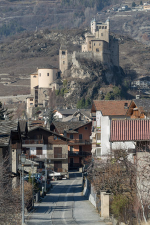 Saint-Pierre castle with the parish church, Aosta Valley region, Italyのeditorial素材
