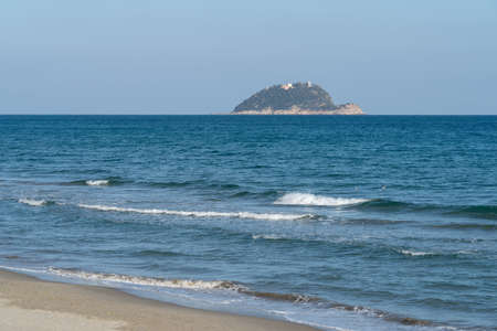 Alassio beach and Gallinara Island, Savona province, Liguria, Italyの写真素材