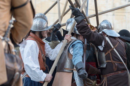 Taggia, Italy - March 17, 2018: Participants of medieval costume party in the historic city of...