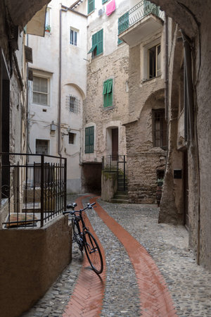 Typical Italian narrow street, Dolceacqua, Province of Imperia, Liguria regionのeditorial素材