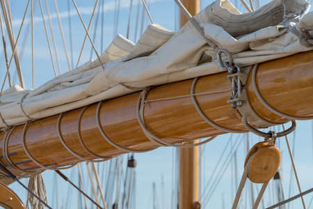 Italy. Details of a sailboat in old style moored the harbourの写真素材