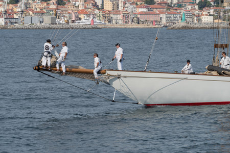 Imperia, Italy - September 9, 2018: Crew members aboard on sailboat during racing at the Paneray Classic Yachts Challenge, regatta on the Imperiaのeditorial素材