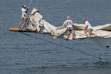 Imperia, Italy - September 9, 2018: Crew members aboard on sailboat during racing at the Paneray Classic Yachts Challenge, regatta on the Imperiaのeditorial素材