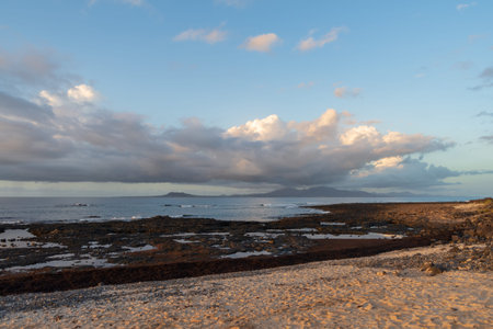 Island of Lanzarote, Canary Islands, Spain. Panoramic view from the coast of Corralejo