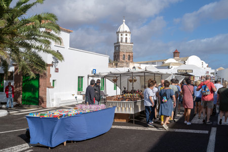Teguise, Lanzarote, Spain - October 28, 2018: Every Sunday in the squares and cobbled streets of Villa de Teguise, takes place one of the most important popular Canarian marketsのeditorial素材