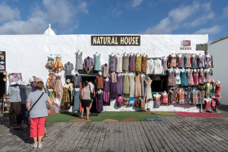 Teguise, Lanzarote, Spain - October 28, 2018: Every Sunday in the squares and cobbled streets of Villa de Teguise, takes place one of the most important popular Canarian marketsのeditorial素材