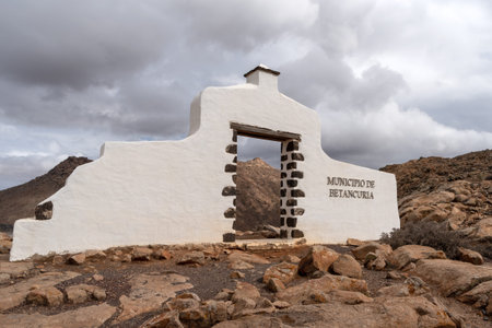 Typical boundary sign beside the road welcoming visitors to the Municipality of Betancuria,...