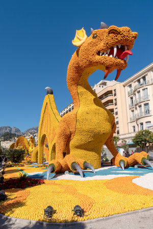 Menton, France - February 25, 2019: Giant sculpture made by lemons and oranges at the Annual Menton Lemon Festival in French Rivieraのeditorial素材