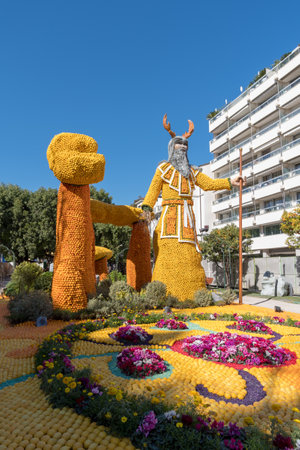 Menton, France - February 25, 2019: Giant sculpture made by lemons and oranges at the Annual Menton Lemon Festival in French Rivieraのeditorial素材