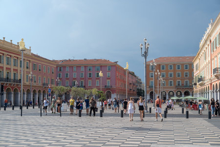 Nice, France - July 26, 2018: Place Massena, landmark of the town. A pedestrian-only square, is surrounded by hotels, shops and restaurantsのeditorial素材