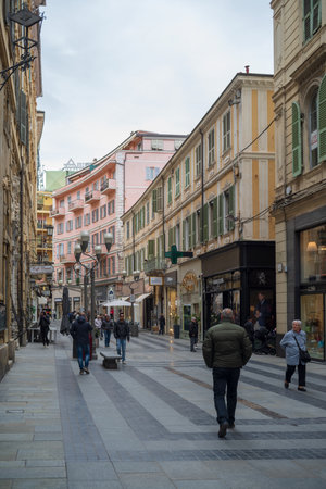 Sanremo, Italy - April 9, 2018: Pedestrian main street G.Matteotti in the old town of Sanremo, seaside city on the Italian Rivieraのeditorial素材