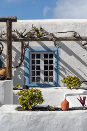 Teguise, Lanzarote, Spain - October 28, 2018: Beautiful courtyard Interior of a typical house in the village of Teguise in Lanzarote, Canary islandのeditorial素材