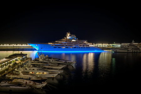 Monte Carlo, Monaco - March 29, 2019: Luxury yacht moored in Port Hercules in Principality of Monacoのeditorial素材