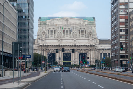 Milan, Italy - October 2, 2013: Facade view Milano Centrale, main railway station of the city of Milanのeditorial素材