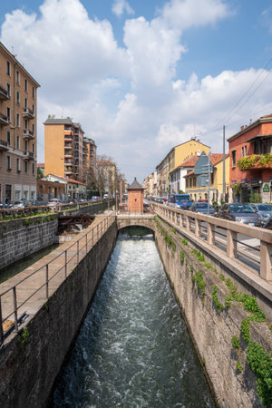 Milan, Italy - April 10, 2019: View of the Naviglio Pavese canal in Milanのeditorial素材