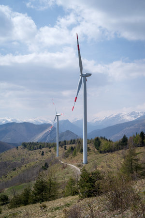 Wind turbines in mountains, Alps, Italy, Piedmont