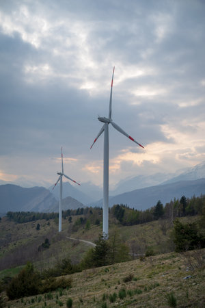 Wind turbines in mountains, Alps, Italy, Piedmont