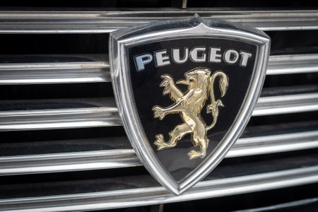 Imperia, Italy - May 19, 2019: Close up detail of Peugeot logo on vintage carのeditorial素材