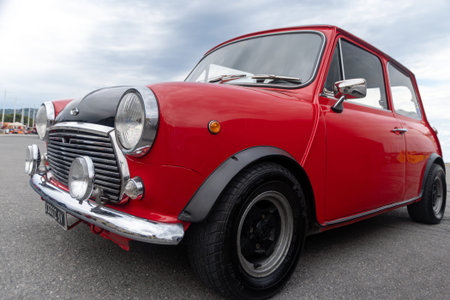 Imperia, Italy - May 17, 2019: Close up of Mini Classic car parked in a street in Imperia during...