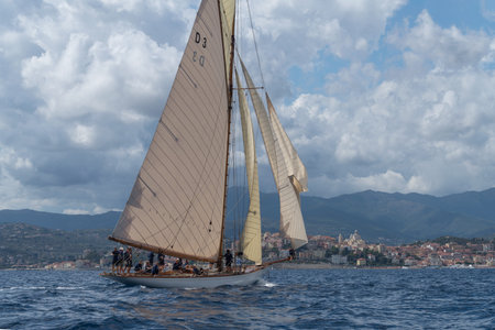 Imperia, Italy - September 7, 2019: The Tuiga sailboat, flagship of the Monaco Yacht Club, during racing in Gulf of Imperia. Established in 1986, the Imperia Vintage Yacht Challenge Stage is a of the most important event in sailing the Mediterranean dedicのeditorial素材