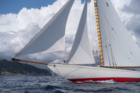 Imperia, Italy - September 7, 2019: Moonbeam IV classic sail yacht, built in 1914 by William Fife Junior in Scotland, during regatta in Gulf of Imperia. Established in 1986, the Imperia Vintage Yacht Challengeのeditorial素材
