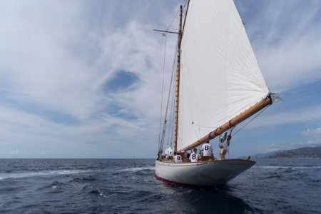 Imperia, Italy - September 7, 2019: Moonbeam IV classic sail yacht, built in 1914 by William Fife Junior in Scotland, during regatta in Gulf of Imperia. Established in 1986, the Imperia Vintage Yacht Challengeのeditorial素材