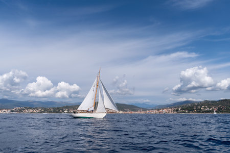 Imperia, Italy - September 7, 2019: Lulu sail yacht, built in 1897, is the oldest French classic yacht, during regatta in Gulf of Imperia. Established in 1986, the Imperia Vintage Yacht Challenge Stage is a of the most important event in sailing the Meditのeditorial素材