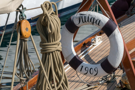 Imperia, Italy - September 5, 2019: Details of sailboat Tuiga, flagship of the Monaco Yacht Club, during stage of the Classic Yachts Challenge in Imperiaのeditorial素材