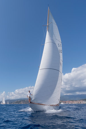 Imperia, Italy - September 7, 2019: Sail yacht the old style, during regatta in Gulf of Imperia. Established in 1986, the Imperia Vintage Yacht Challenge Stage is a of the most important event in sailing the Mediterranean dedicated to historical boatsのeditorial素材