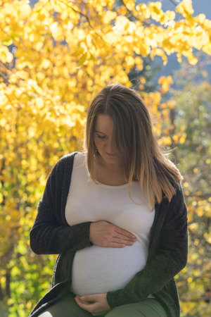 Pretty young pregnant woman in the autumn park