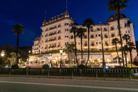 Stresa, Italy - Ottobre 27, 2019: Regina Palace Hotel in Stresa, famous tourist destination on Lake Maggiore in Northern Italy. It is located direct on the lakefront promenadeのeditorial素材