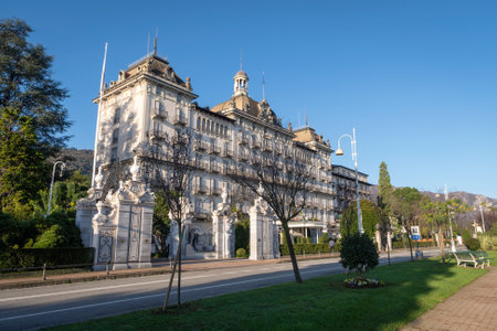 Stresa, Italy - Ottobre 27, 2019: Grand Hotel des Iles Borromees in Stresa, famous tourist destination on Lake Maggiore in Northern Italy. It is located direct on the lakefront promenadeのeditorial素材