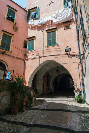 Pedestrian street in the old town of Sanremo, seaside city on the Italian Rivieraのeditorial素材