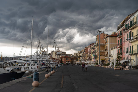 Imperia, Italy - October 1, 2018: Storm clouds over Imperia old town, Liguria Regionのeditorial素材