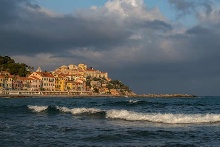 Italian Riviera, Imperia old town in the evening lightの写真素材