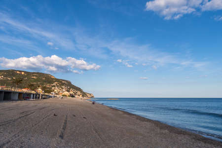 Ligurian Riviera near Finale Ligure, Province of Savona, view of beach and mountain sideの写真素材